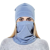 Sky blue Micoop fleece beanie hat and neck warmer set on model