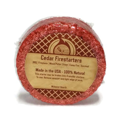 Close-up of cedar fire starter disk showing natural cedar texture and wax.