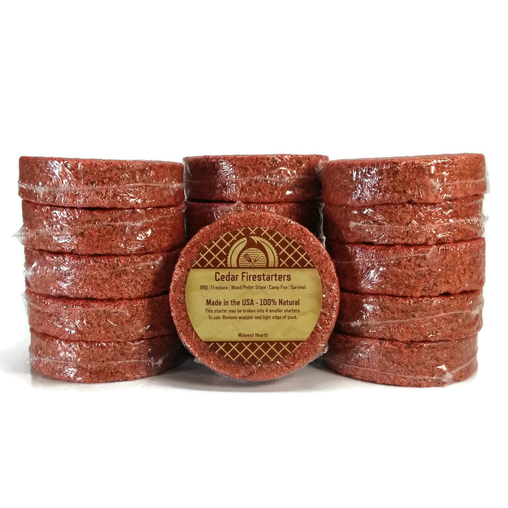 Midwest Hearth cedar fire starters disk ready to light for quick fires.