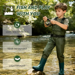 MIEVNIO kids waders with non-slip boots for stability on wet rocks