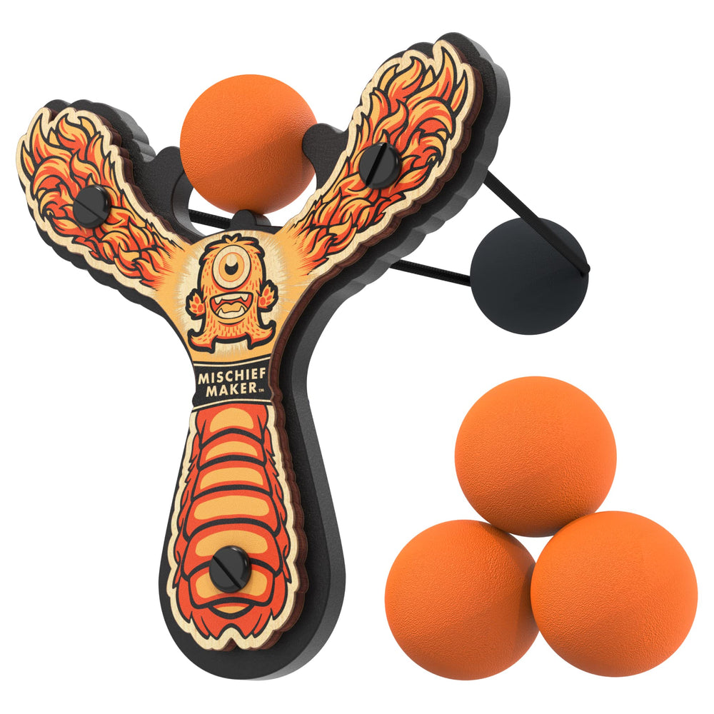 Mighty Fun! Mischief Maker slingshot front view shows kid-safe wooden design.
