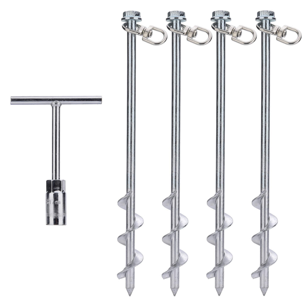 MightyPhine steel screw ground anchors 4-pack ready for 12 inch soil installation with strong hold.