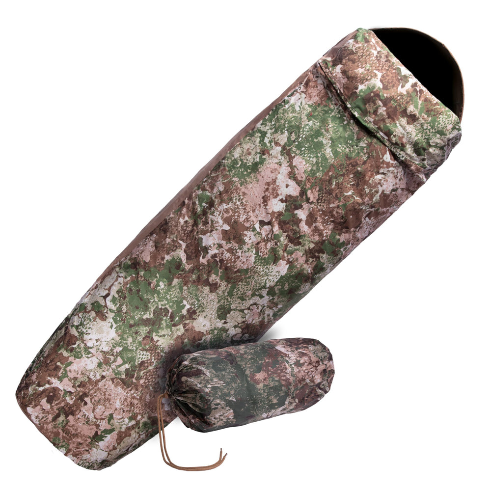 Mil-Tec trilaminate sleeping bag cover provides waterproof protection for outdoor camping.