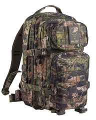 Mil-Tec unisex assault pack front view highlights 20L capacity for daily commutes and quick hikes.
