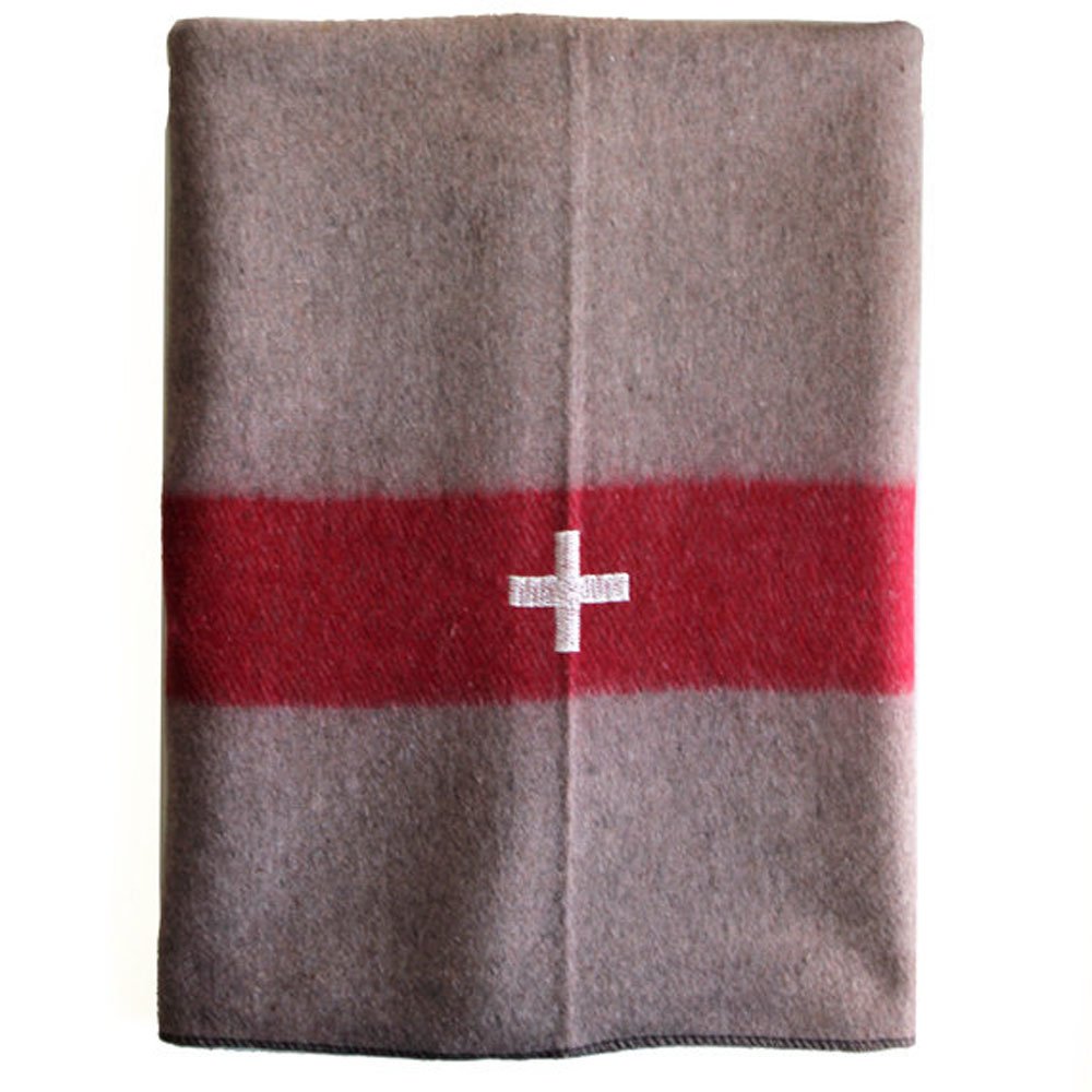 Military Outdoor Clothing Swiss Army Style wool blanket, tan with red stripes, ideal for camping.