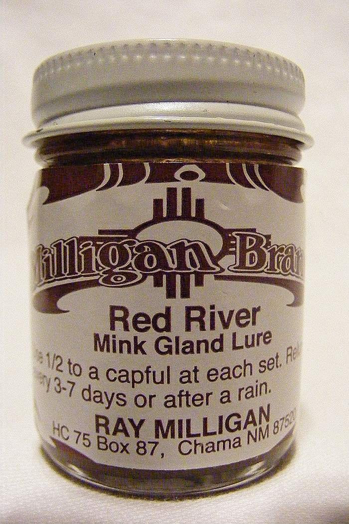 Milligan's Red River Mink Animal Lure 1oz bottle attracts large male mink efficiently at sets