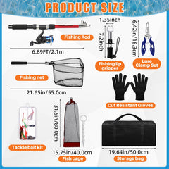 Two-piece red telescopic rod with pre-loaded reels for travel