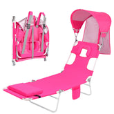 Minndudu backpack tanning chair with canopy provides shaded sunbathing in pink.