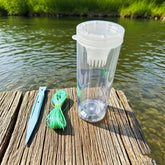Clear plastic Minnow Trap Bottle showing one-way entrance