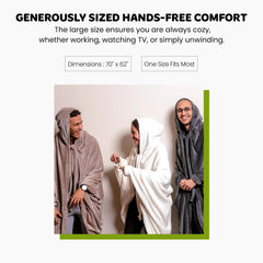 Mintra wearable blanket hoodie worn by a person highlights full sleeves for easy movement.