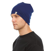 Minus33 Merino Wool Micro Weight Reversible Beanie in Navy Blue and Slate Blue – front view