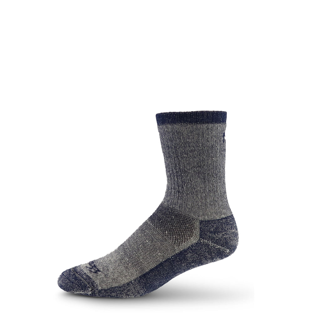 Minus33 Merino Wool USA Made crew socks, denim heather, front view for all-season comfort.