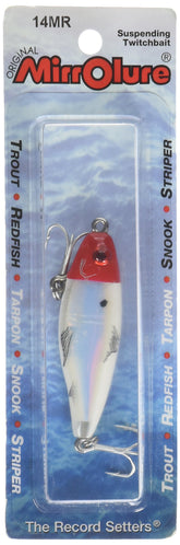 Mirrolure Mirrodine Mini Susp Twitchbait redhead with reflective inserts for visibility.