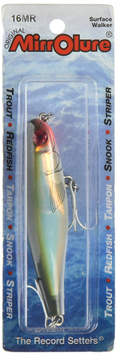 Mirrolure Mirromullet surface walker in green, black and white boosts visual flash in shallow water.