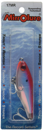 Mirrolure 17MR-26 Mirrodine lure in red, white, and silver colors for versatile saltwater fishing.