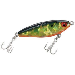 Mirrolure MirrOdine twitch bait close-up; black back, chartreuse sides, orange belly, ideal for casting.