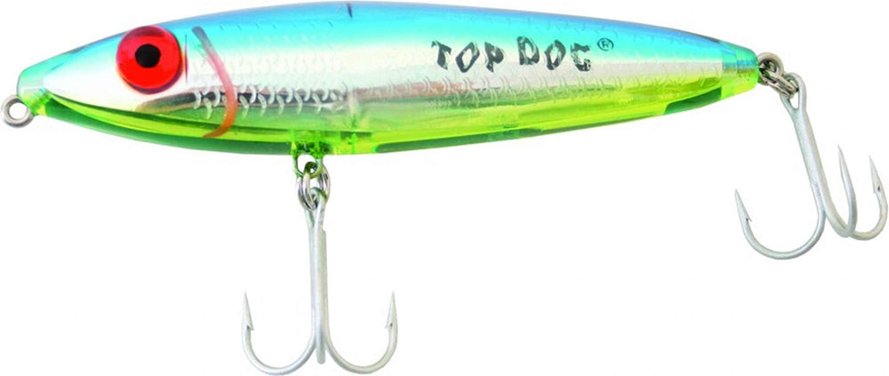 Mirrolure Top Dog surface walk lure in blue black chartreuse silver for topwater bites