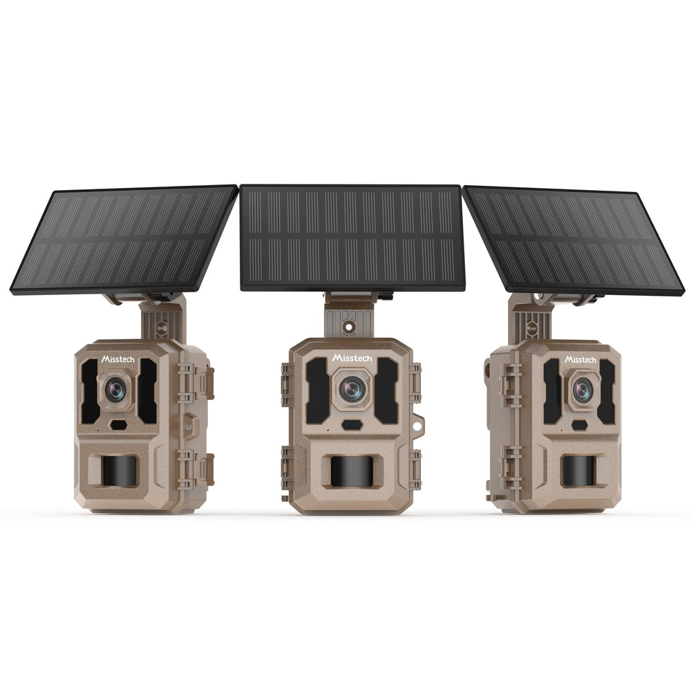 Misstech 4K UHD solar trail camera front view shows sturdy off-grid setup.