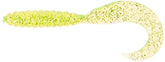 Mister Twister four-inch twister tail lure with chartreuse silver flake for visibility and attraction.