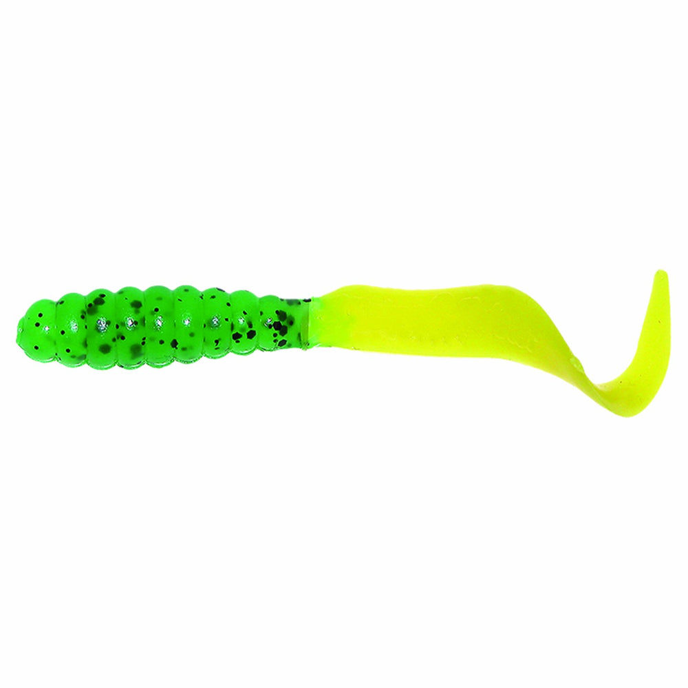 Mister Twister Teenie Curly Tail Grub in lime/black shows lifelike action for bass and panfish.
