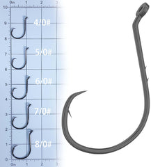 Close-up of sharp hook tip with barbs and black nickel finish