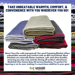 M MCGUIRE GEAR fire-retardant wool blanket boosts warmth with travel-ready design.