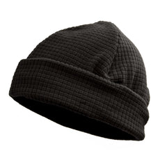 M MCGUIRE GEAR grid fleece cap worn during hiking or fishing, versatile all-day warmth.