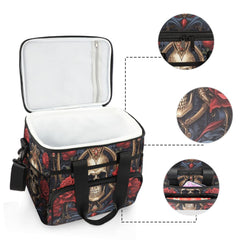 MNSRUU Gothic Skull Rose cooler bag showing multiple pockets for utensils and snacks.