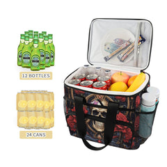 MNSRUU Gothic Skull Rose cooler bag, side view with adjustable strap for easy carrying.