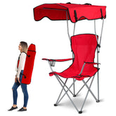 Moclever folding canopy camp chair red with extended canopy providing all-day shade.