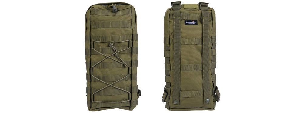 Modern Airsoft Tactical Hydration Pack front view in green for on-the-go hydration.