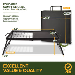 Modern Innovations campfire grill legs extended for stable outdoor cooking.