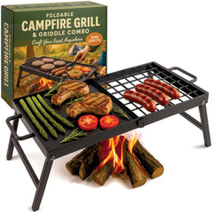 Modern Innovations carbon steel foldable grill setup for portable campfire cooking.