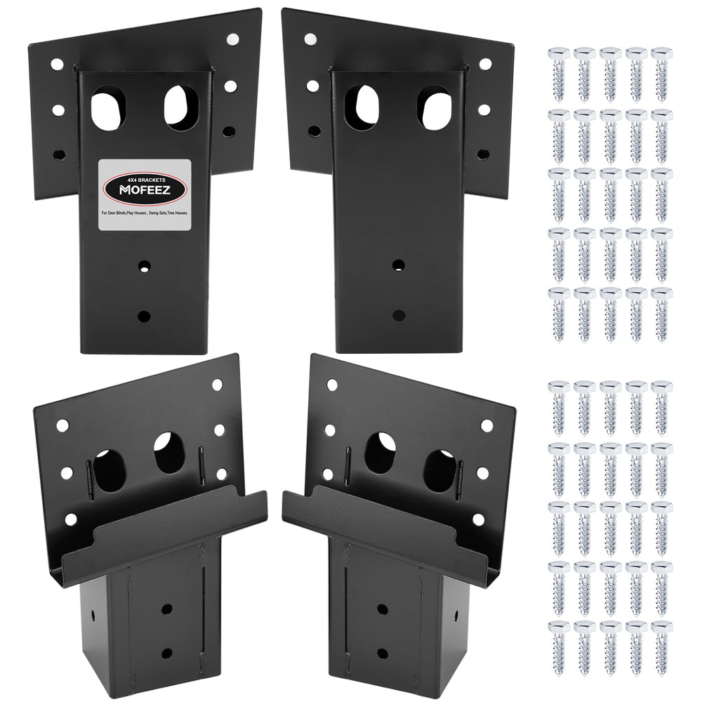 MOFEEZ deer stand bracket assembly demonstrates sturdy 4x4 support for outdoor platforms.