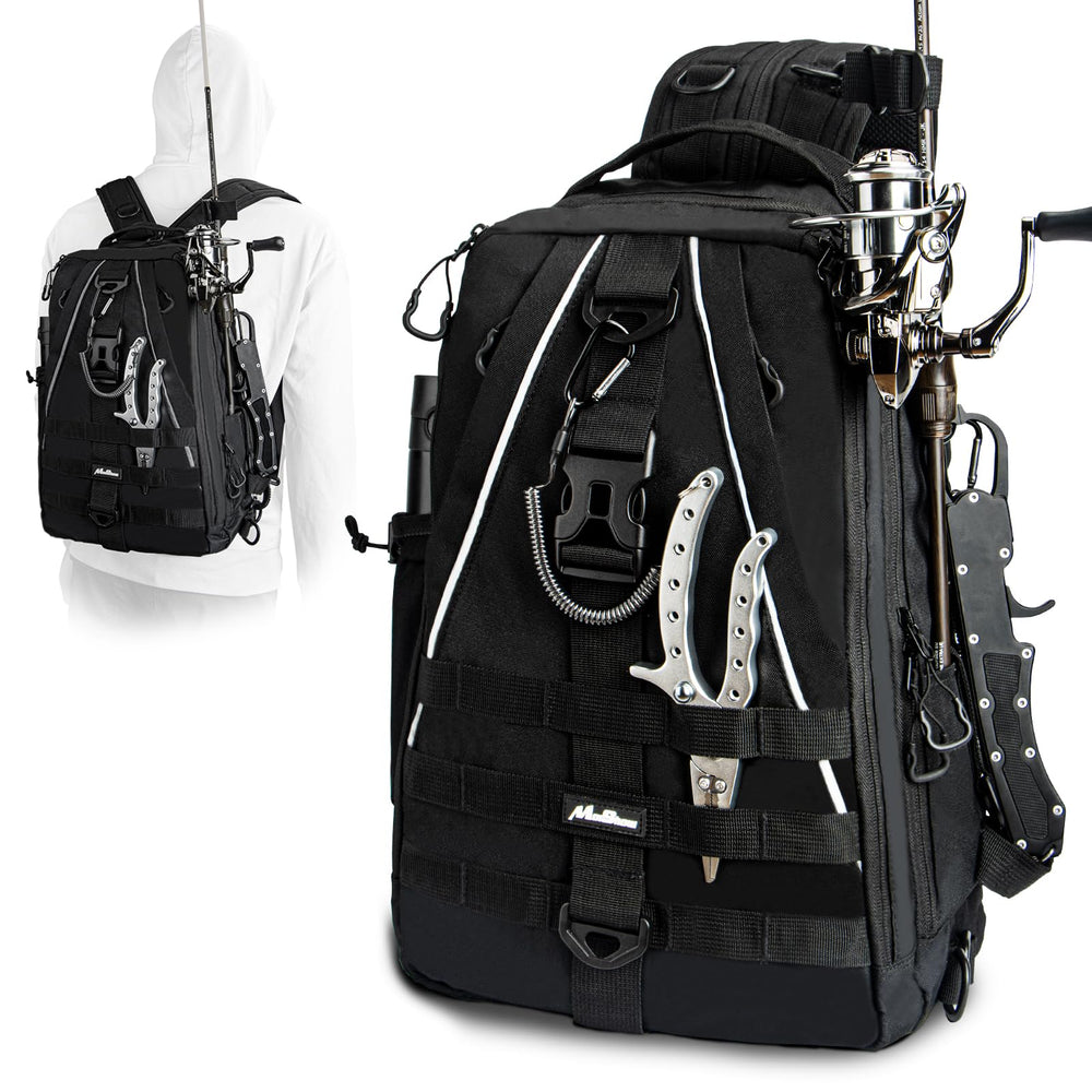 MoiShow ultralight fishing tackle backpack - front view with rod holder