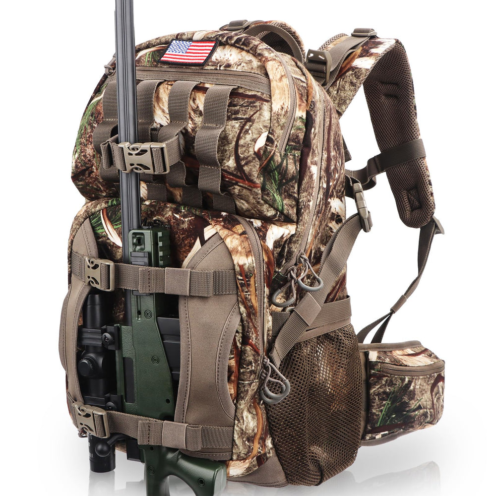 MoiShow hunting backpack with stealth reed camo improves concealment in the woods