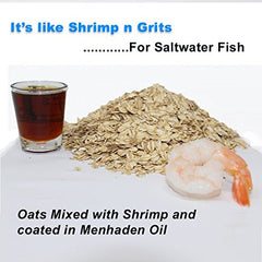 Close-up of Mojo Fishing Oats ingredients including real shrimp and menhaden oil