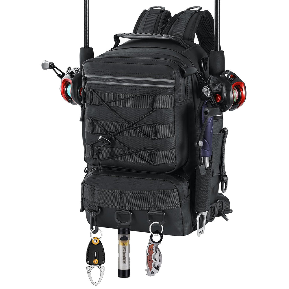 Front view of MoKo fishing backpack sling bag with two Lua fishing rods