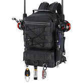 Front view of MoKo fishing backpack sling bag with two Lua fishing rods