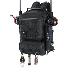 Front view of MoKo fishing backpack sling bag with two Lua fishing rods