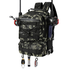 MoKo fishing backpack sling bag with rod holder in green camouflage - front view