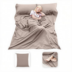 MongByYa sleeping bag liner folded into its compact pocket for easy backpacking storage.