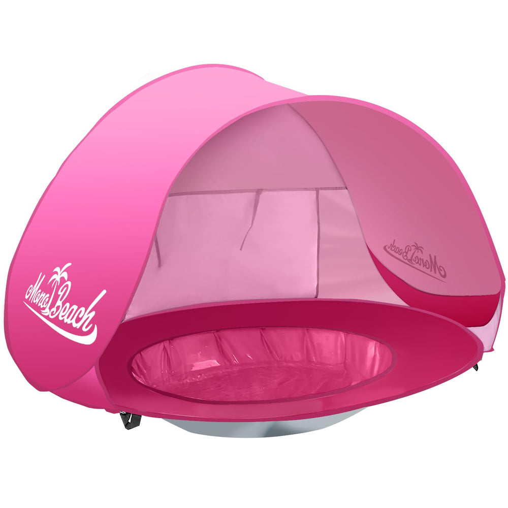 Monobeach baby beach tent pink opens for instant shade.