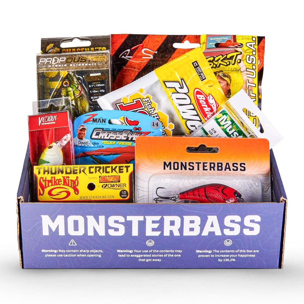 MONSTERBASS Platinum Mystery Box interior with 7 bass lures for versatile fishing