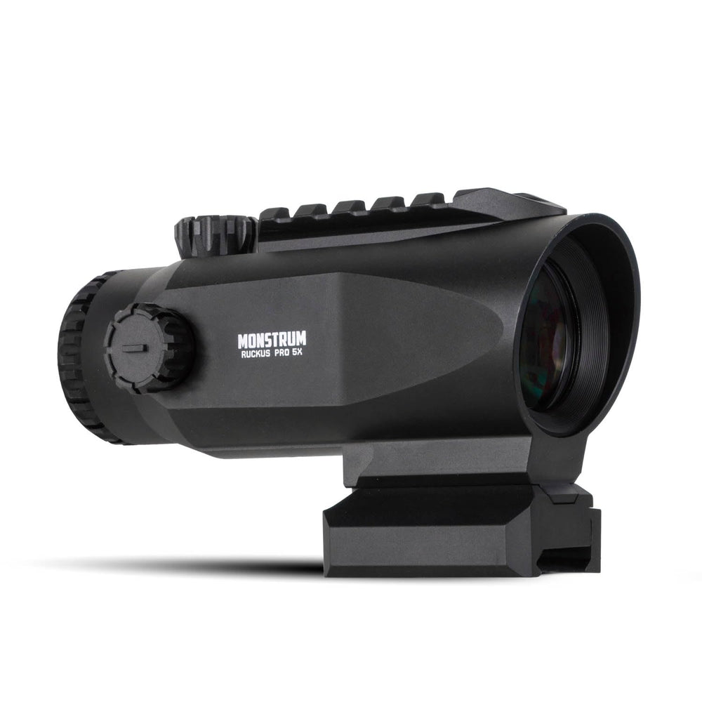 Monstrum Ruckus Pro 5X prism scope front view highlights compact form and crisp optics