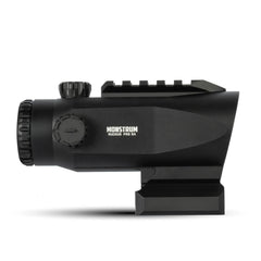 Monstrum Ruckus Pro 5X prism scope side view shows generous eye relief and forgiving eyebox