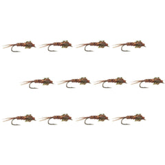 Montana Fly Company Pheasant Tail nymph 12-pack, ideal for trout fishing in streams.