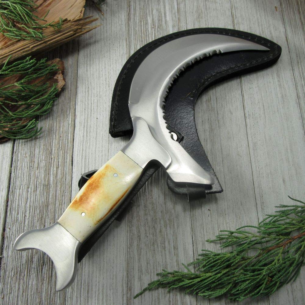 Moon Crescent Fantasy Knife blade close-up showing crescent partially serrated edge