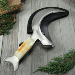 Moon Crescent Fantasy Knife blade close-up showing crescent partially serrated edge
