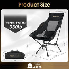 MOON LENCE camping chair — side angle shows ergonomic back support for long outdoor sessions.